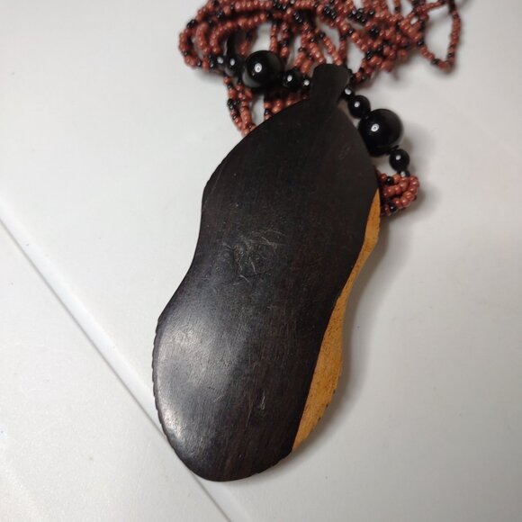 18 Inch Beaded Necklace With Large Wooden Pendant - Picture 5 of 10